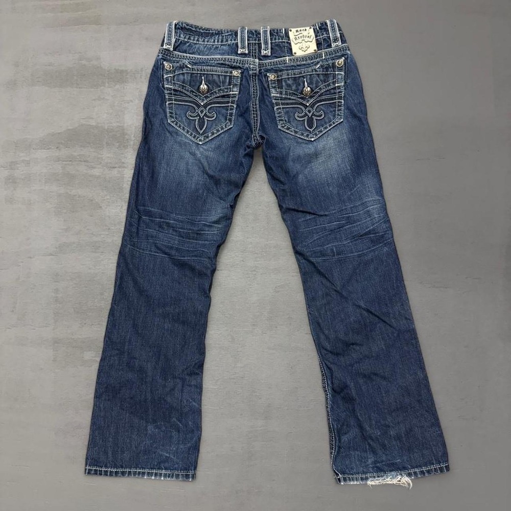 Rock Revival Corbin Bootcut Jeans Blue Stitch Flap Pocket Embroidered 33 x 31